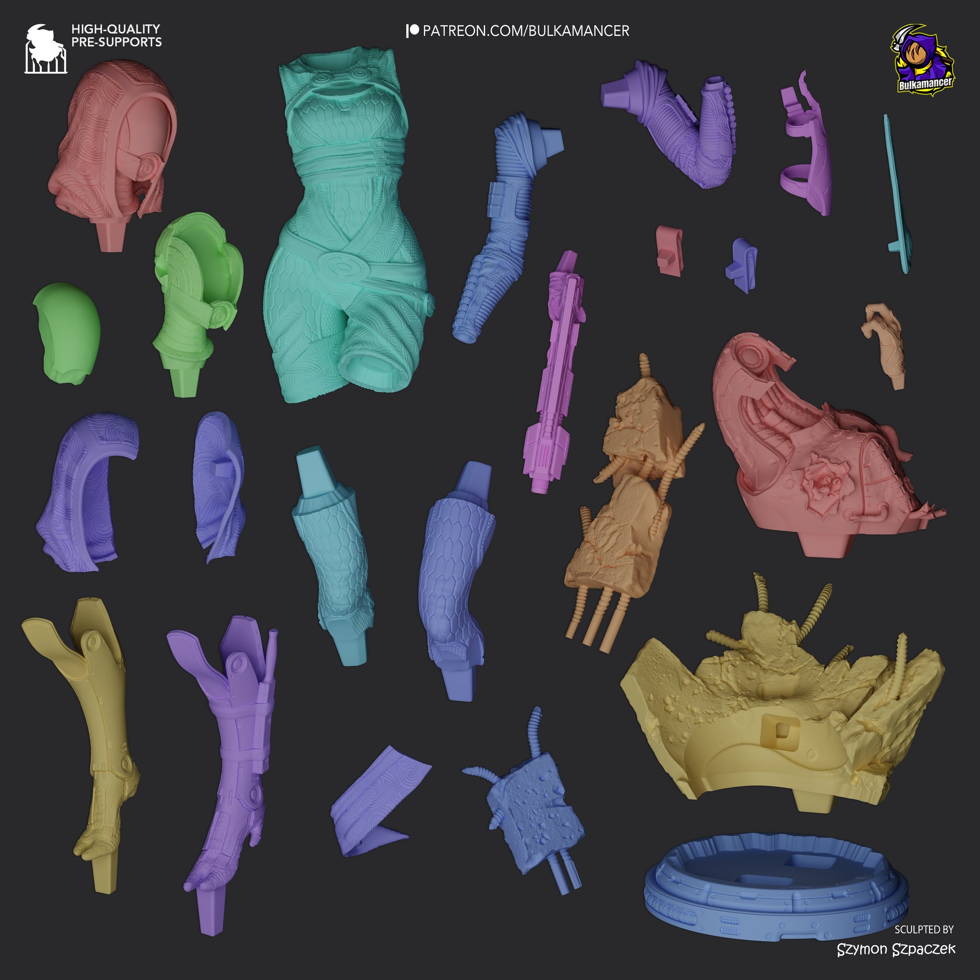 Resin garage kit figure of Synth Hunter by Tattles Told 3D, shown in exploded view with detailed components and sculpted parts.