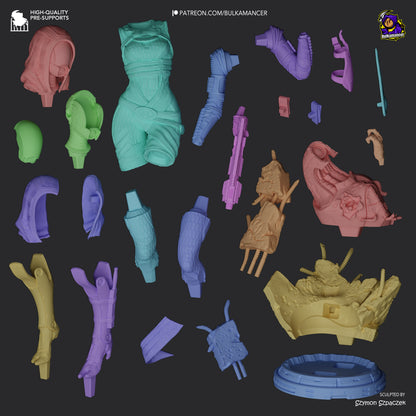Resin garage kit figure of Synth Hunter by Tattles Told 3D, shown in exploded view with detailed components and sculpted parts.