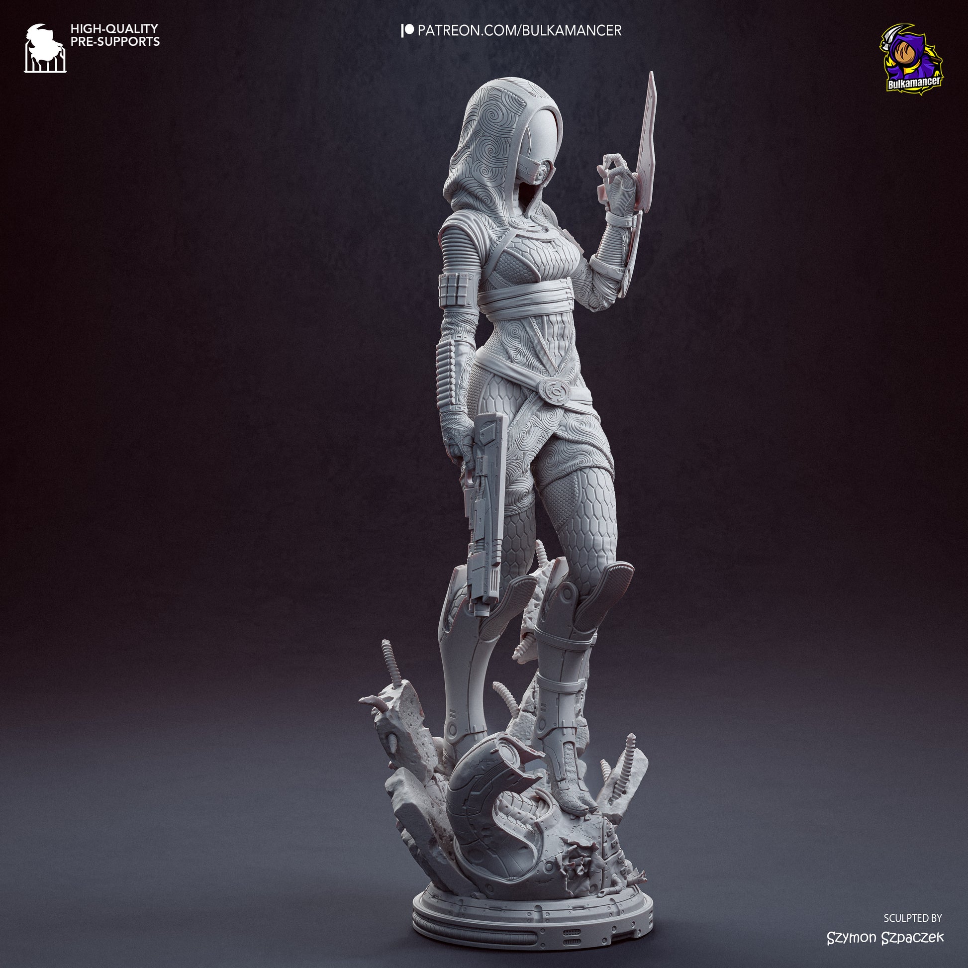 Grey resin garage kit figure of Synth Hunter by Tattles Told 3D, showcasing detailed sculpting by Bulkamancer Sculpts.