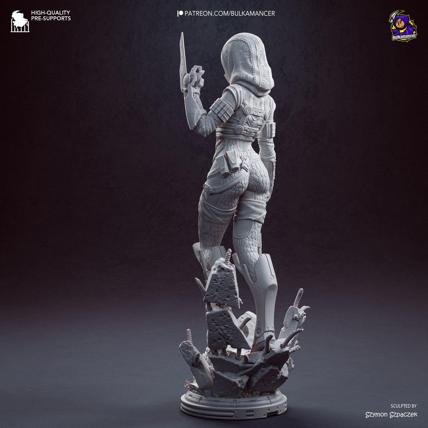 Grey resin garage kit figure of Synth Hunter by Tattles Told 3D, featuring detailed sculpting and intricate design.