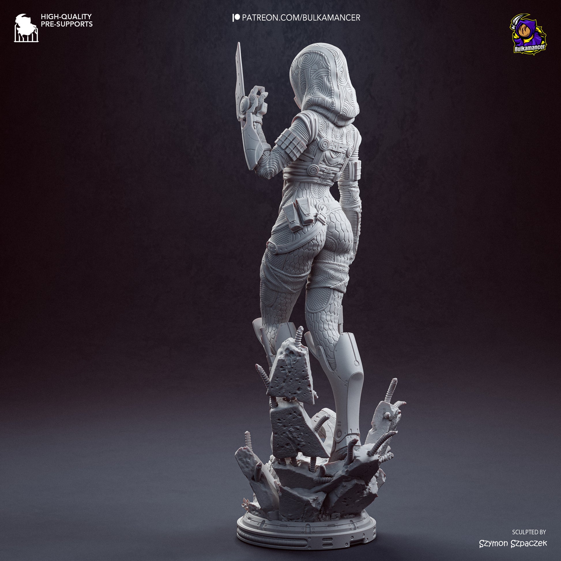 Grey resin garage kit figure of Synth Hunter by Tattles Told 3D, featuring detailed sculpting and intricate design.