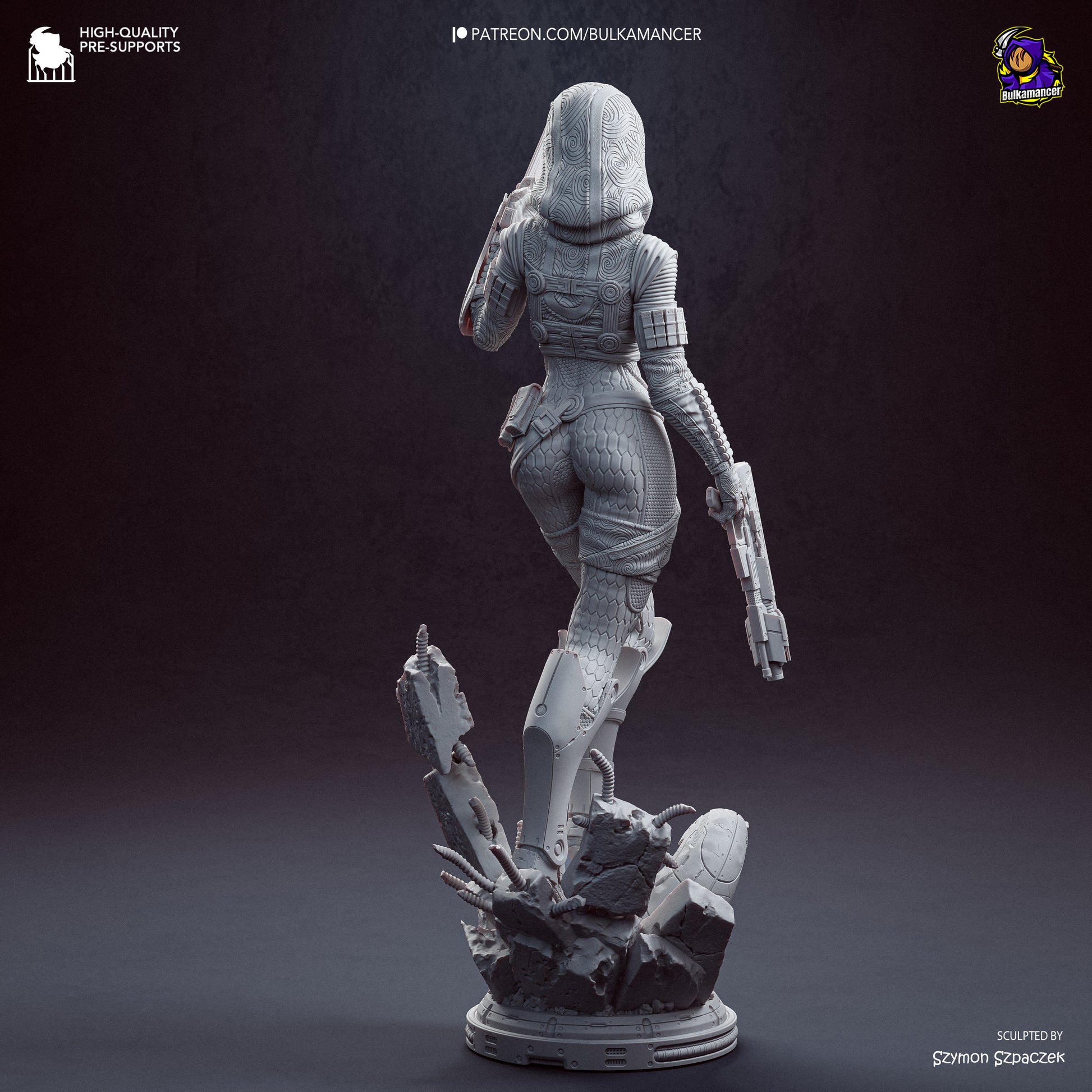 Grey resin garage kit figure of Synth Hunter by Tattles Told 3D, detailed sculpt with mechanical and futuristic features.