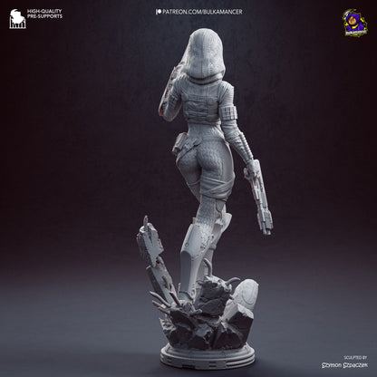 Grey resin garage kit figure of Synth Hunter by Tattles Told 3D, detailed sculpt with mechanical and futuristic features.
