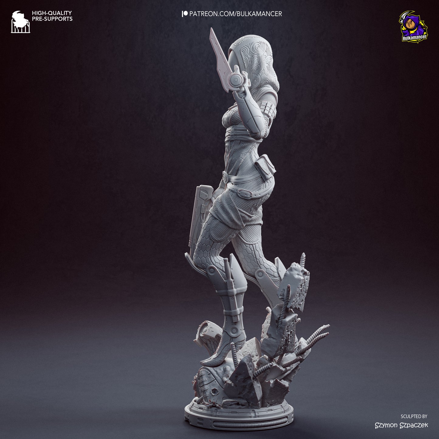 Grey resin garage kit figure of Synth Hunter by Tattles Told 3D, detailed sculpt with sci-fi design, on a neutral background.