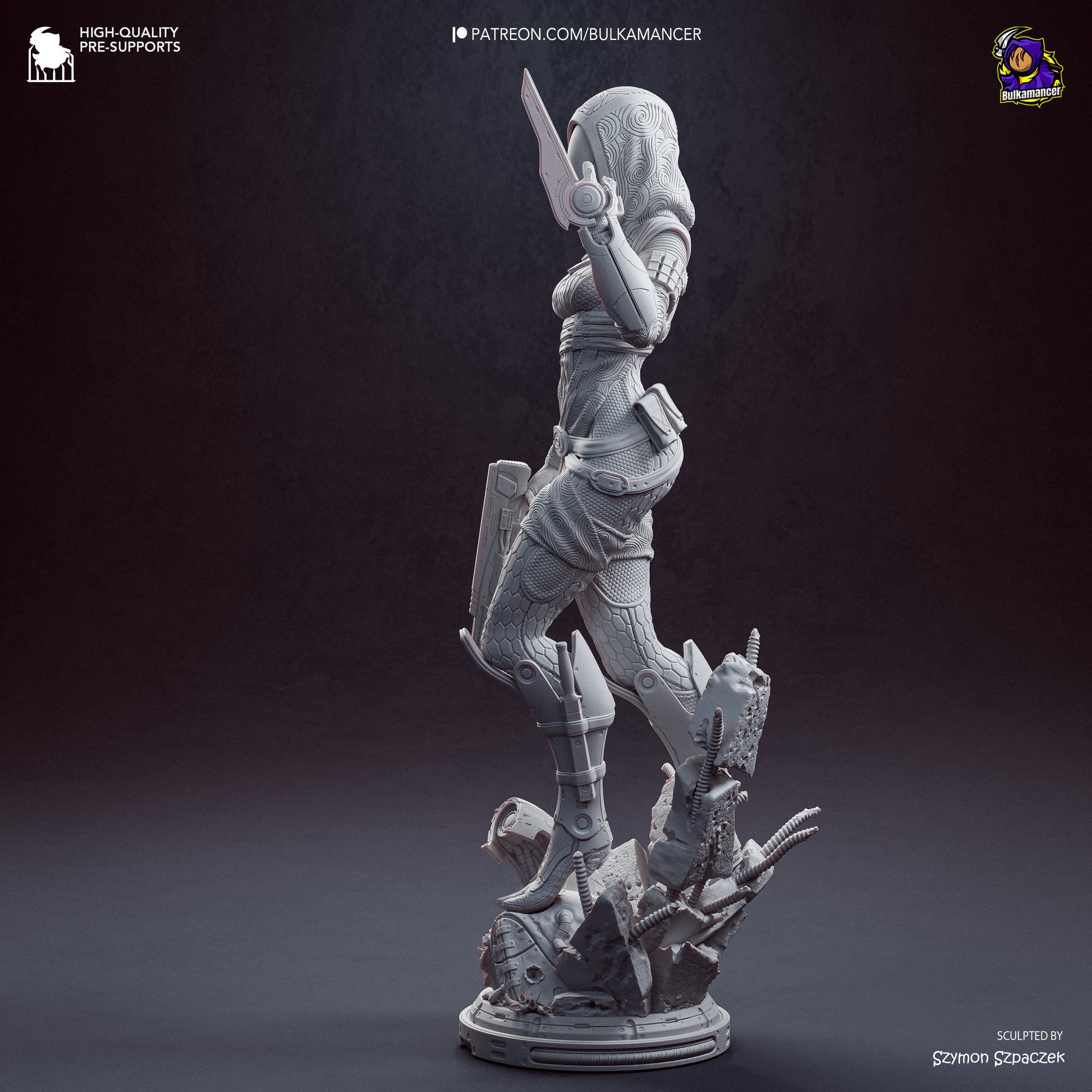 Grey resin garage kit figure of Synth Hunter by Tattles Told 3D, detailed sculpt with sci-fi design, on a neutral background.