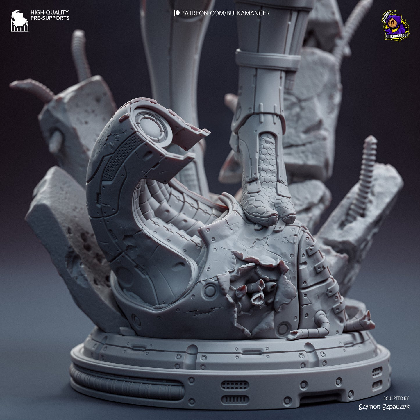 Grey resin garage kit figure of Synth Hunter by Tattles Told 3D, showcasing detailed sci-fi design and craftsmanship.