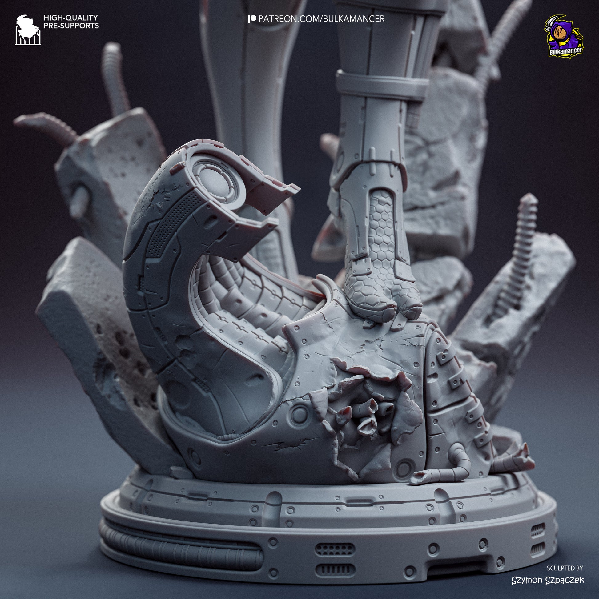 Grey resin garage kit figure of Synth Hunter by Tattles Told 3D, showcasing detailed sci-fi design and craftsmanship.