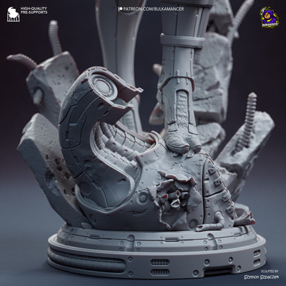 Grey resin garage kit figure of Synth Hunter by Tattles Told 3D, showcasing detailed sci-fi design and craftsmanship.