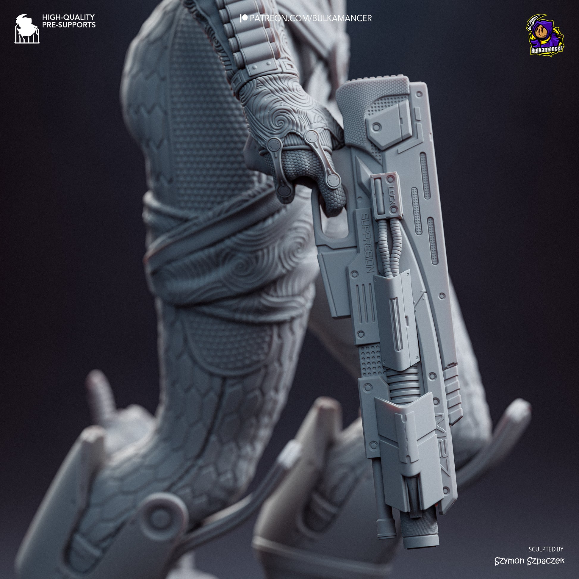 Grey Resin Garage Kit figure of Synth Hunter by Tattles Told 3D, designed by Bulkamancer Sculpts, showcasing detailed sci-fi character.