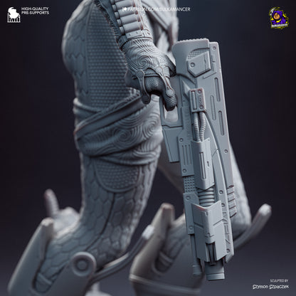 Grey Resin Garage Kit figure of Synth Hunter by Tattles Told 3D, designed by Bulkamancer Sculpts, showcasing detailed sci-fi character.