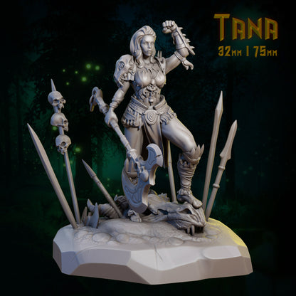 Fantasy figurine with weapons and armor on a dark background.
