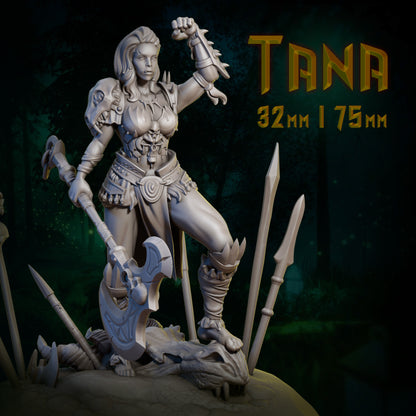 Warrior figurine with weapons on a dark background, featuring the name 'Tana' and dimensions.