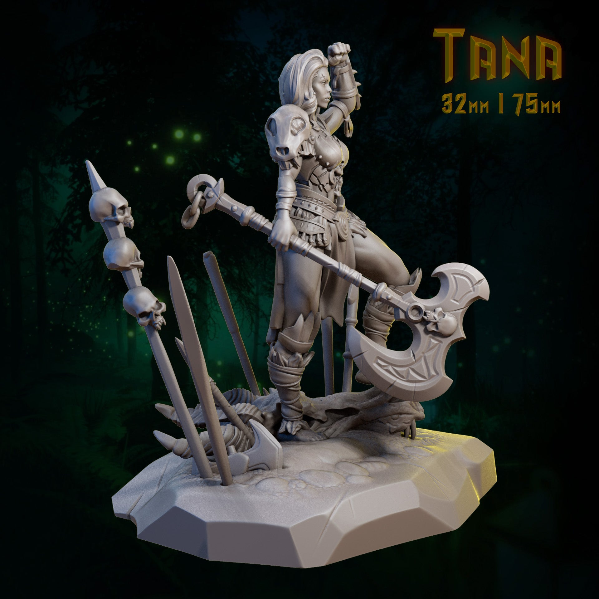 Fantasy figurine with weapons on a dark background.