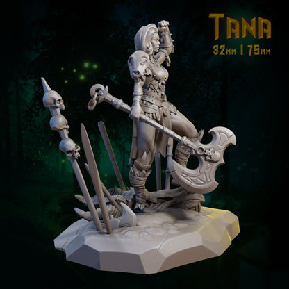 Fantasy figurine with weapons on a dark background.