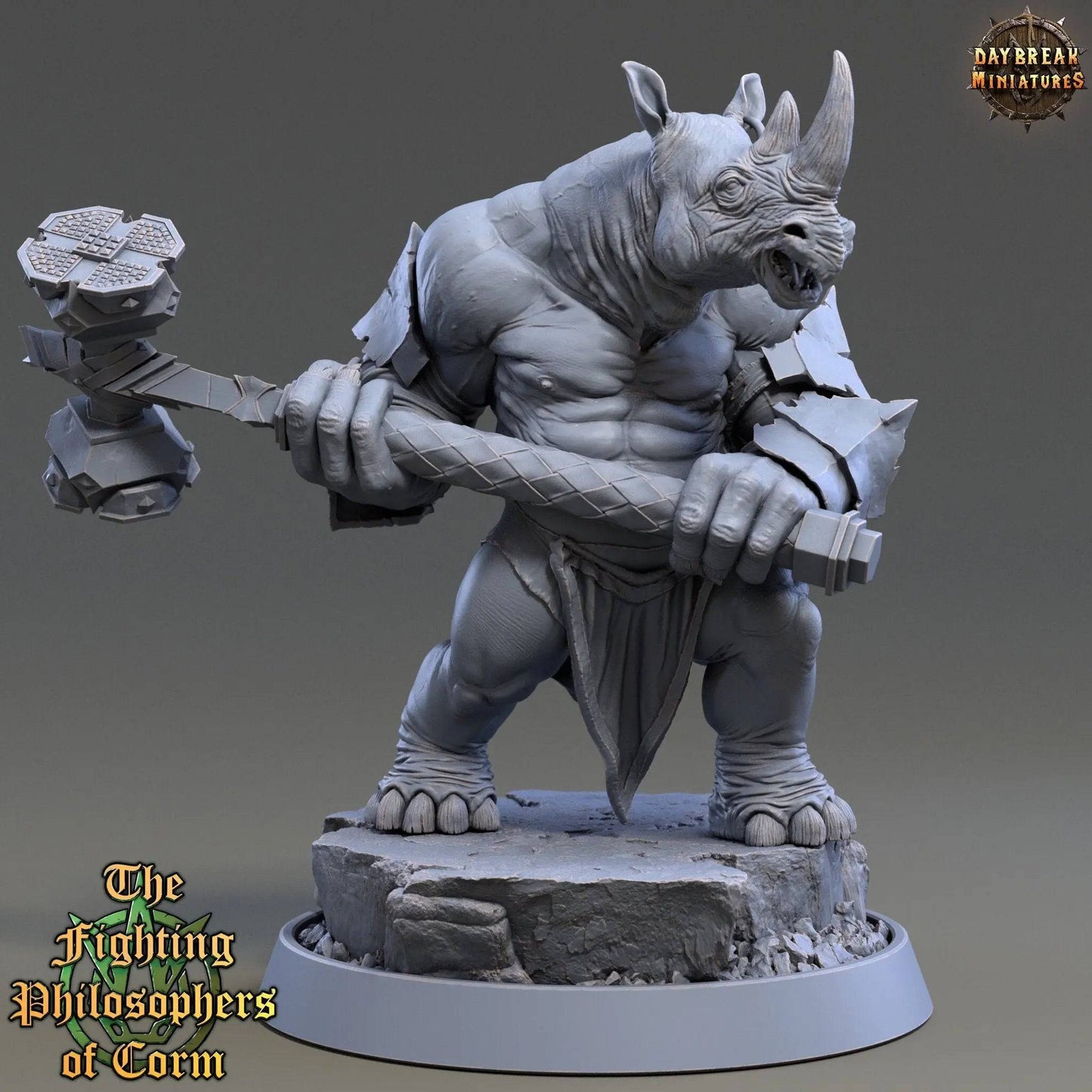 Brontinus Clubber, Rhinofolk Warrior | TTRPG Miniature | Daybreak Miniatures - Tattles Told 3D