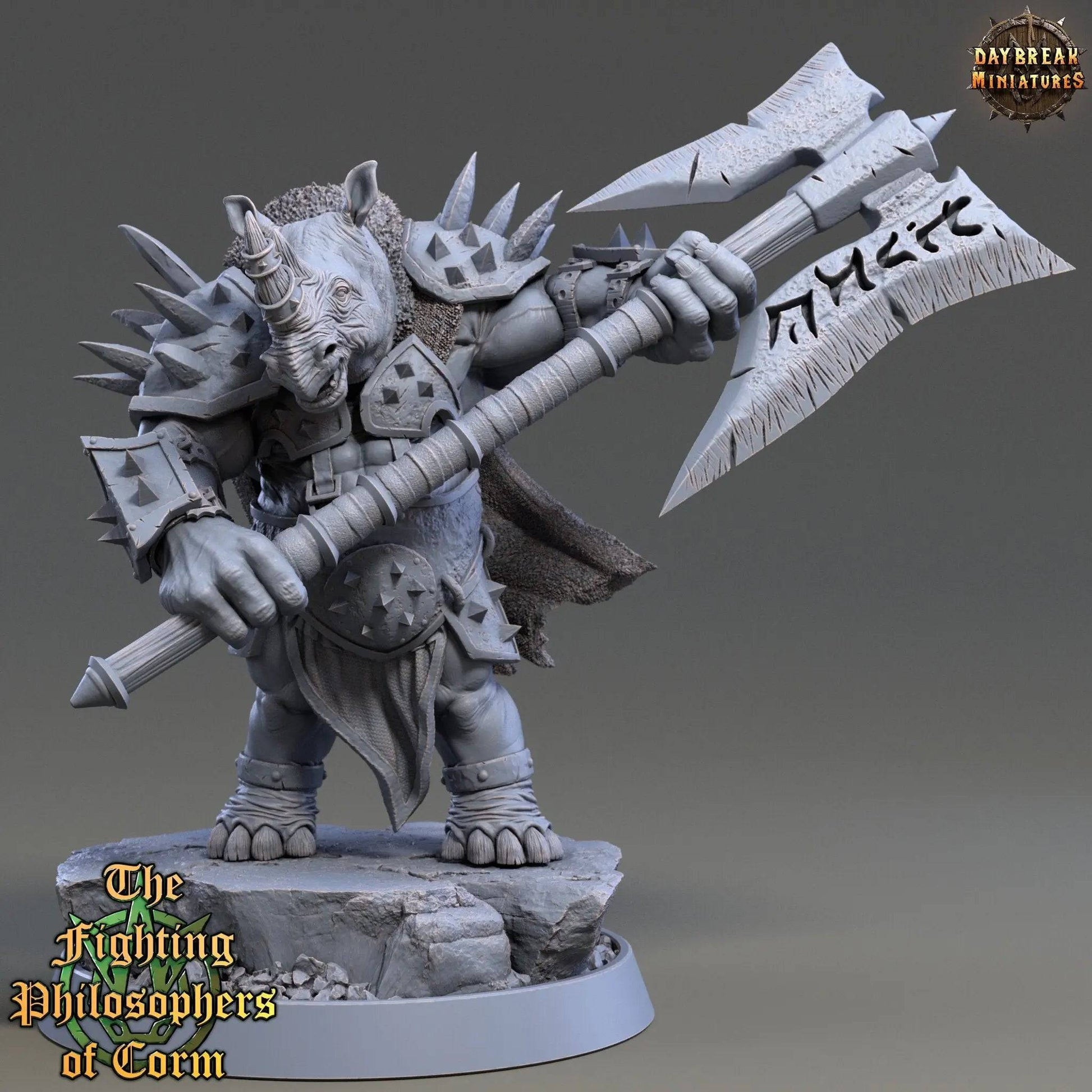 Dios the Jagged, Rhinofolk Warrior | TTRPG Miniature | Daybreak Miniatures - Tattles Told 3D