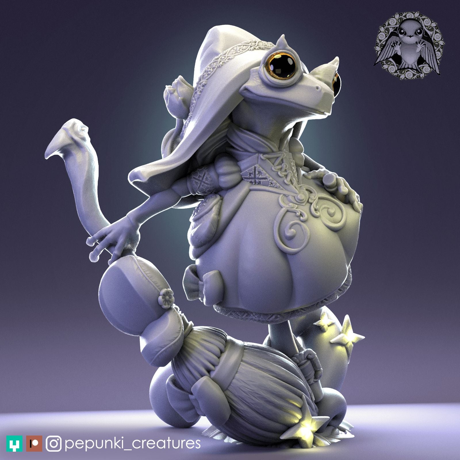 Broom Frog Witch | Dungeons and Dragons Tabletop Roleplaying Game Miniature | Pepunki Miniatures - Tattles Told 3D