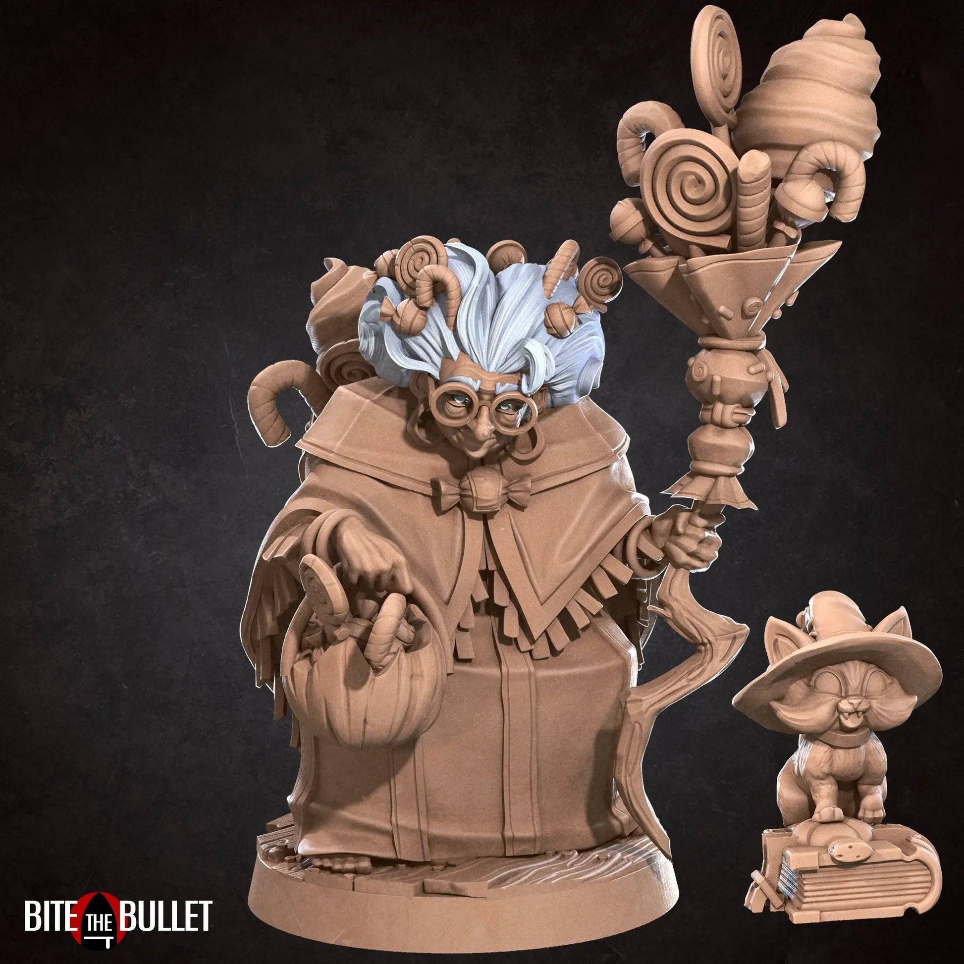 Candy, Retired Witch and Cat Familiar, Halloween Candy-Seller | D&D Miniature TTRPG Character | Bite the Bullet - Tattles Told 3D