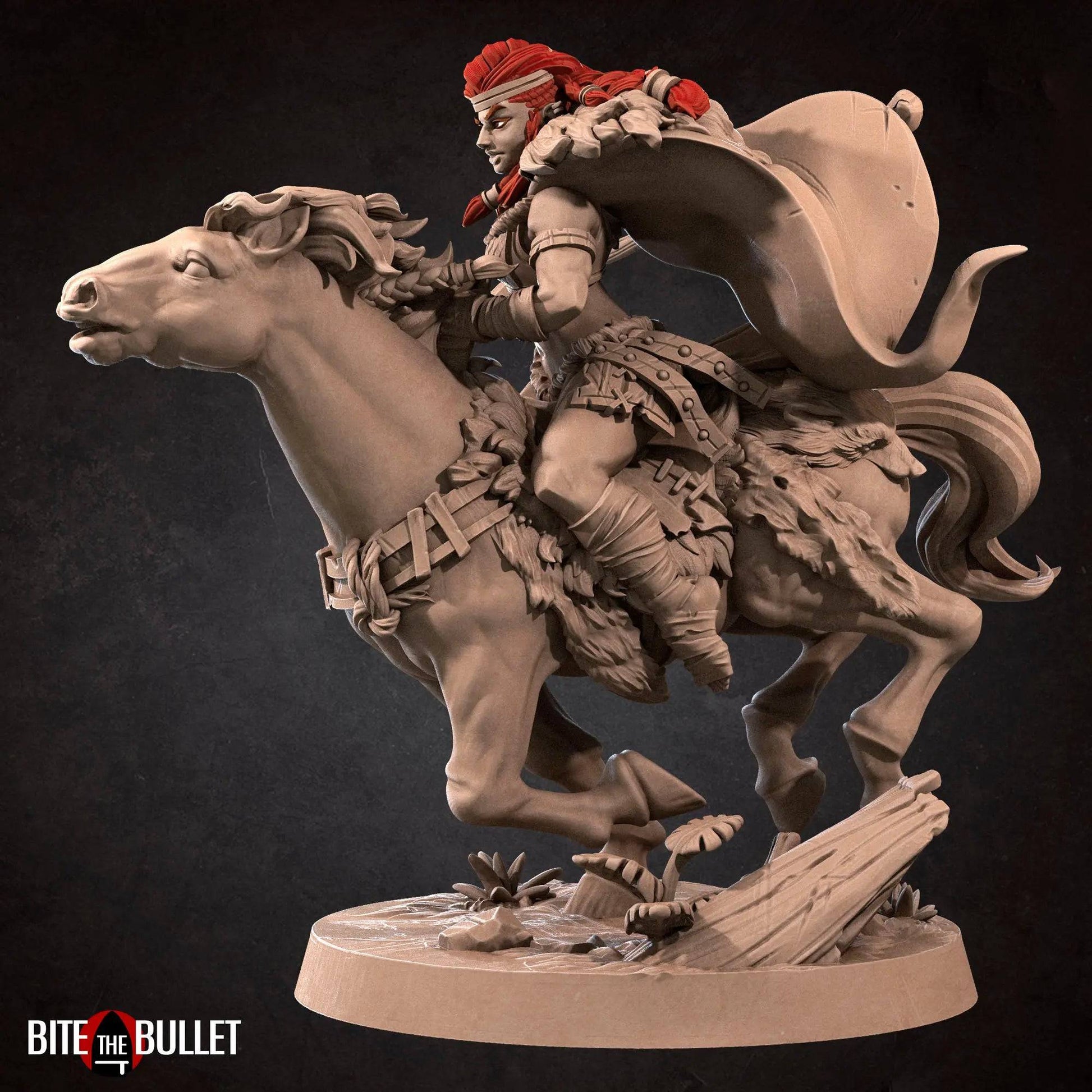 Chief Anira, Warrior Barbarian Queen Mounted on Horseback | D&D Miniature TTRPG Character | Bite the Bullet - Tattles Told 3D