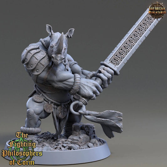 Crantor Straightedge, Rhinofolk Warrior | TTRPG Miniature | Daybreak Miniatures - Tattles Told 3D