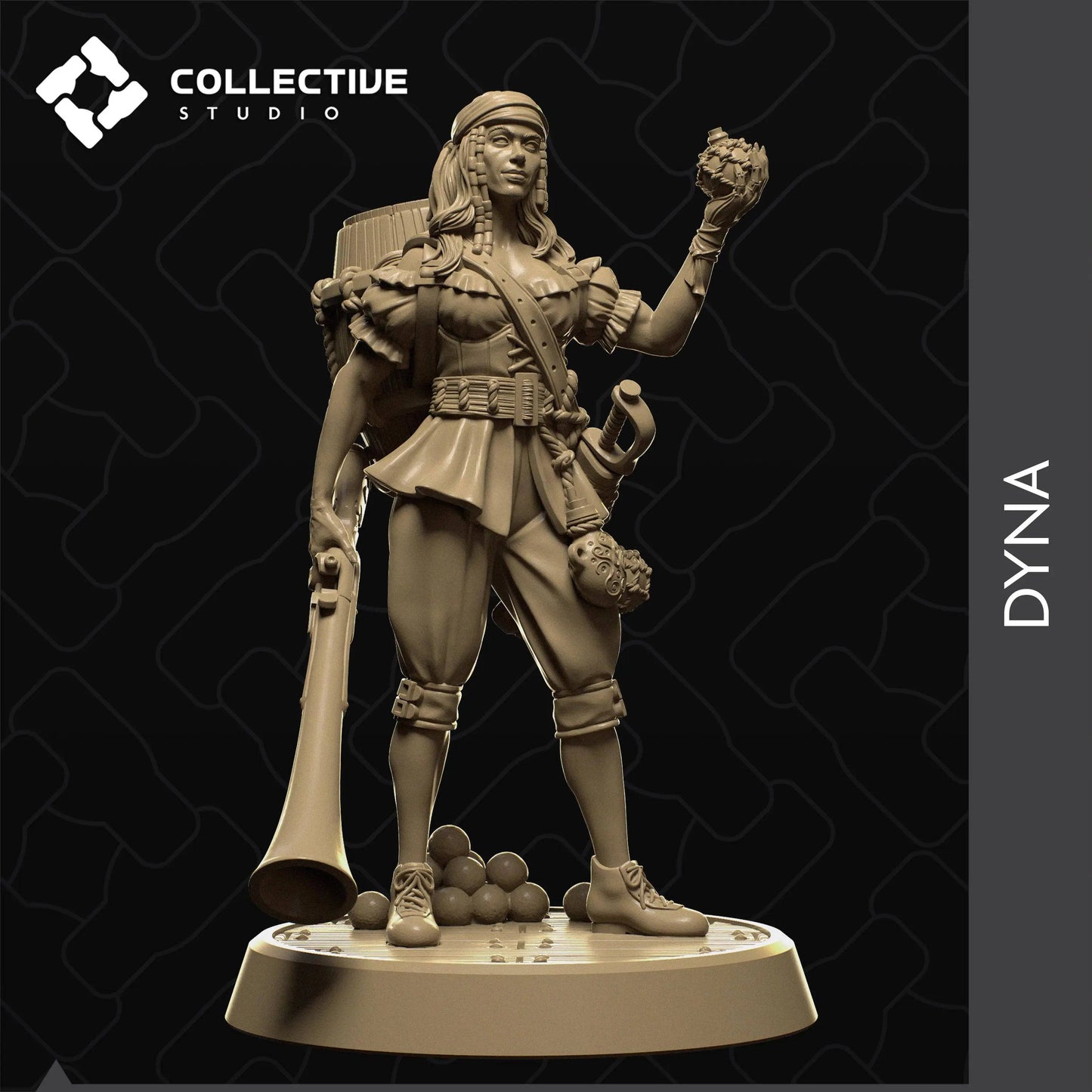 Dyna | Pirate Explosives Expert With Blunderbuss and Barrel | D&D TTRPG Character Miniature | Collective Studio - Tattles Told 3D