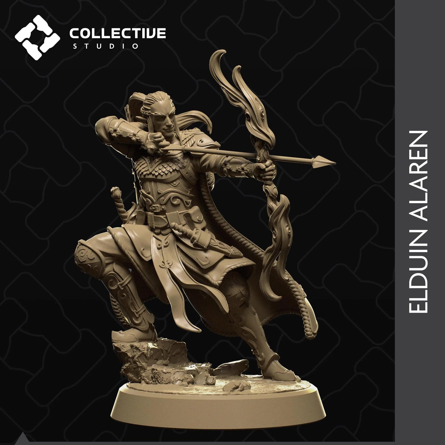 Elduin Alaren | Elven Archer Ranger Drawn Arrow | D&D TTRPG Character Miniature | Collective Studio - Tattles Told 3D