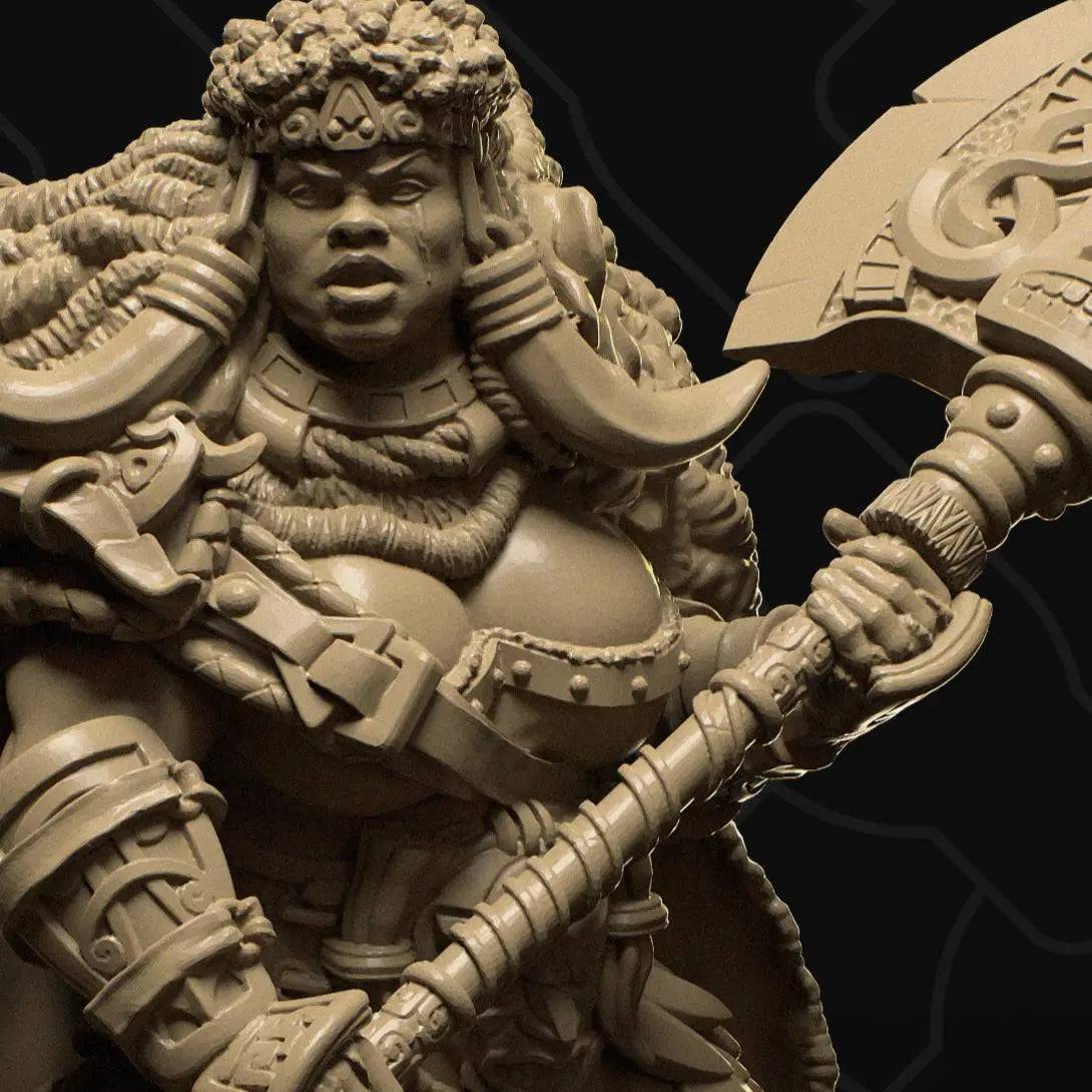 Female Warrior Barbarian in Furs Holding an Axe | D&D TTRPG Character Miniature | Collective Studio - Tattles Told 3D