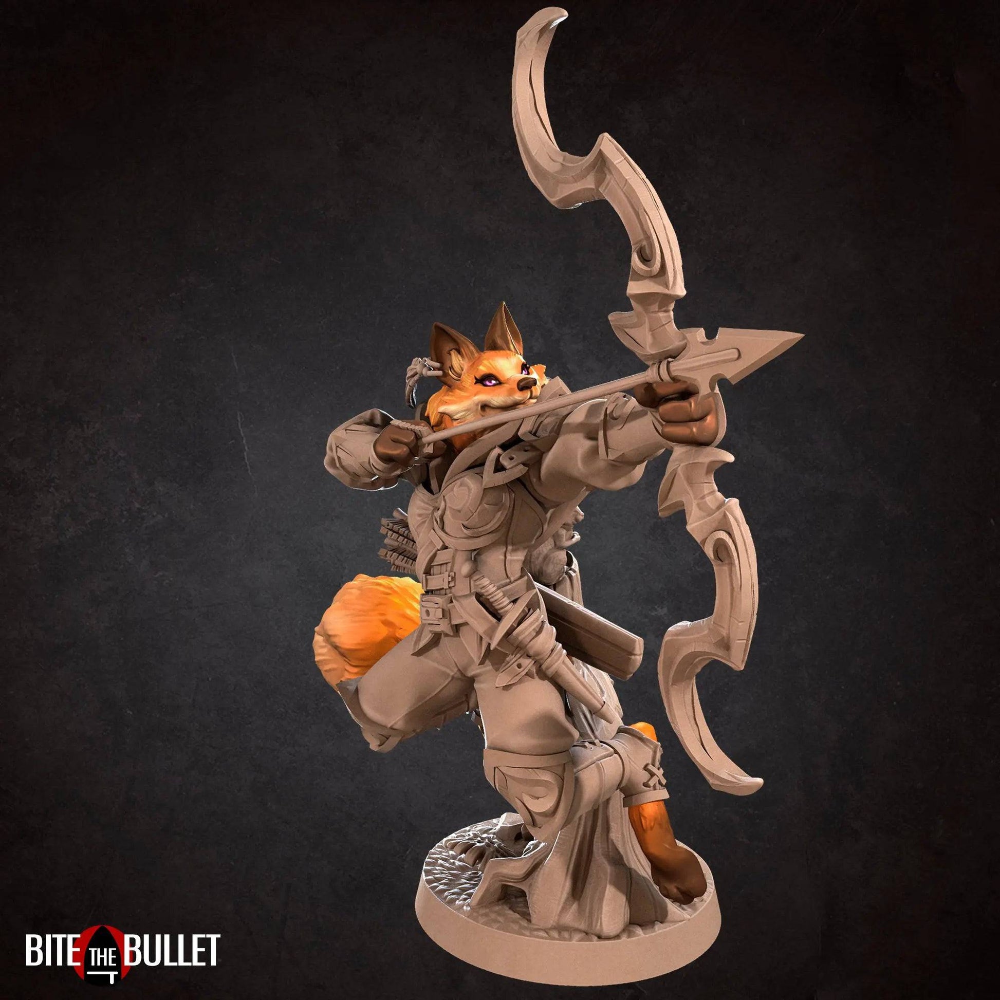 Foxfolk Ranger, Bow Drawn, Perched on Stump | D&D Miniature TTRPG Character | Bite the Bullet - Tattles Told 3D