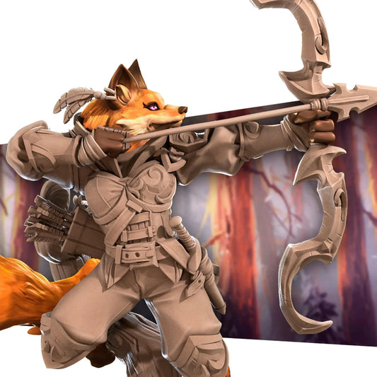 Foxfolk Ranger, Bow Drawn, Perched on Stump | D&D Miniature TTRPG Character | Bite the Bullet - Tattles Told 3D