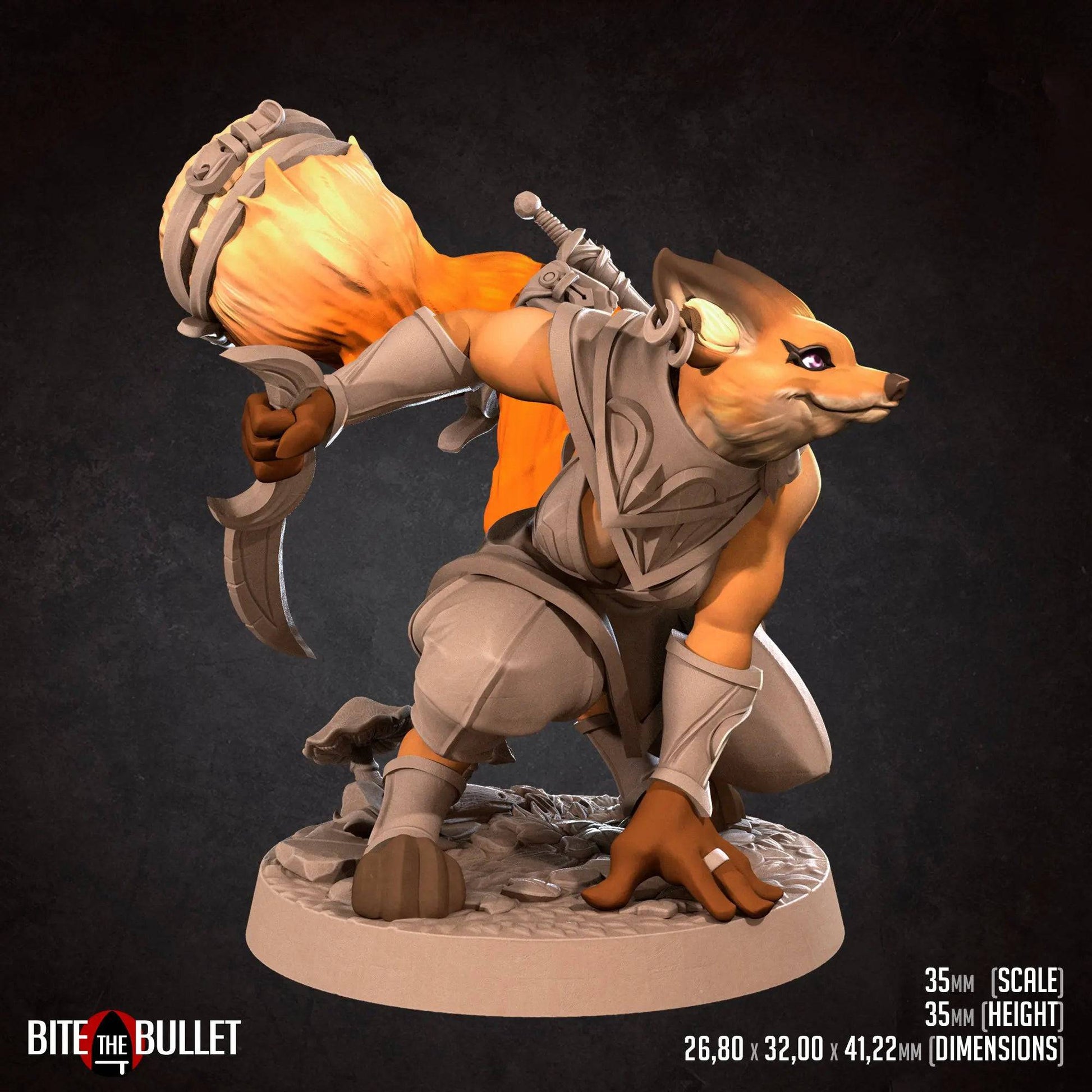 Foxfolk Rogue, Crouched with Dagger | D&D Miniature TTRPG Character | Bite the Bullet - Tattles Told 3D