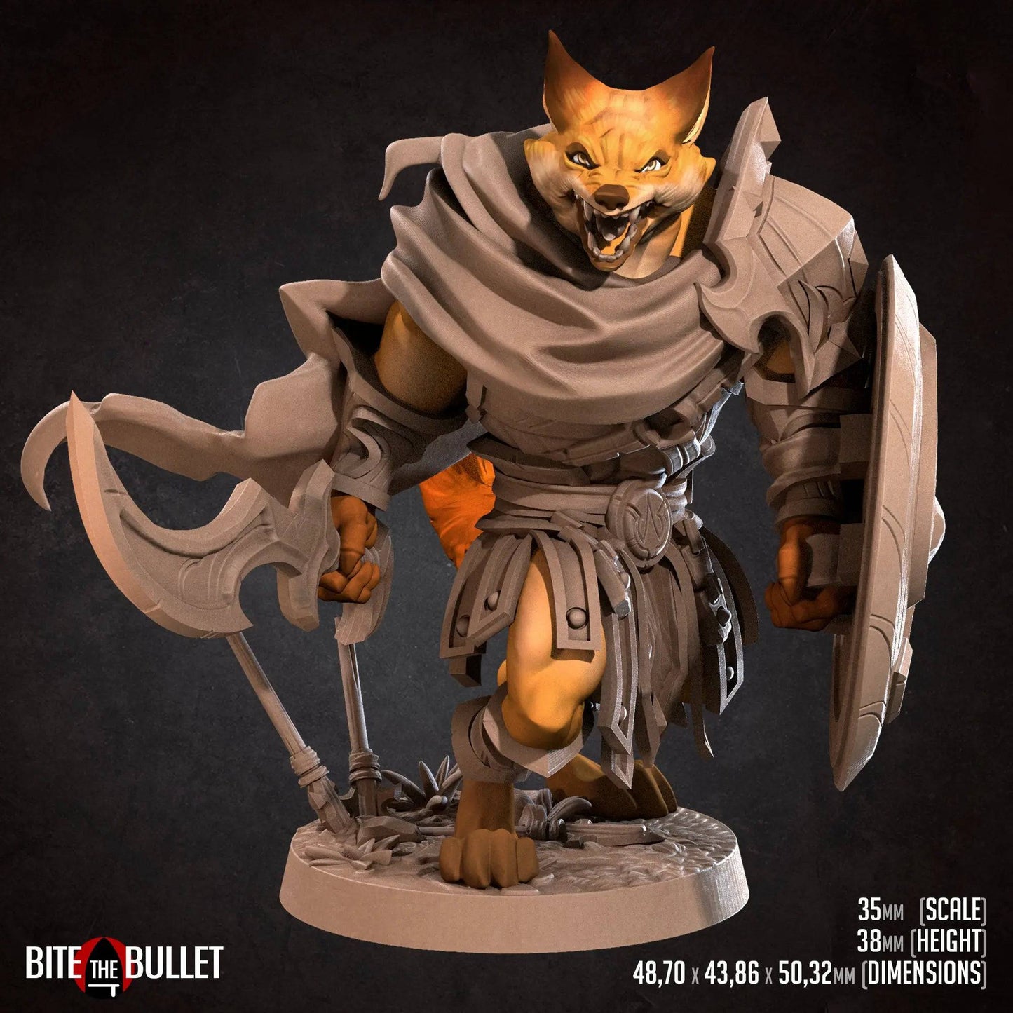 Foxfolk Warrior, Sword and Shield | D&D Miniature TTRPG Character | Bite the Bullet - Tattles Told 3D