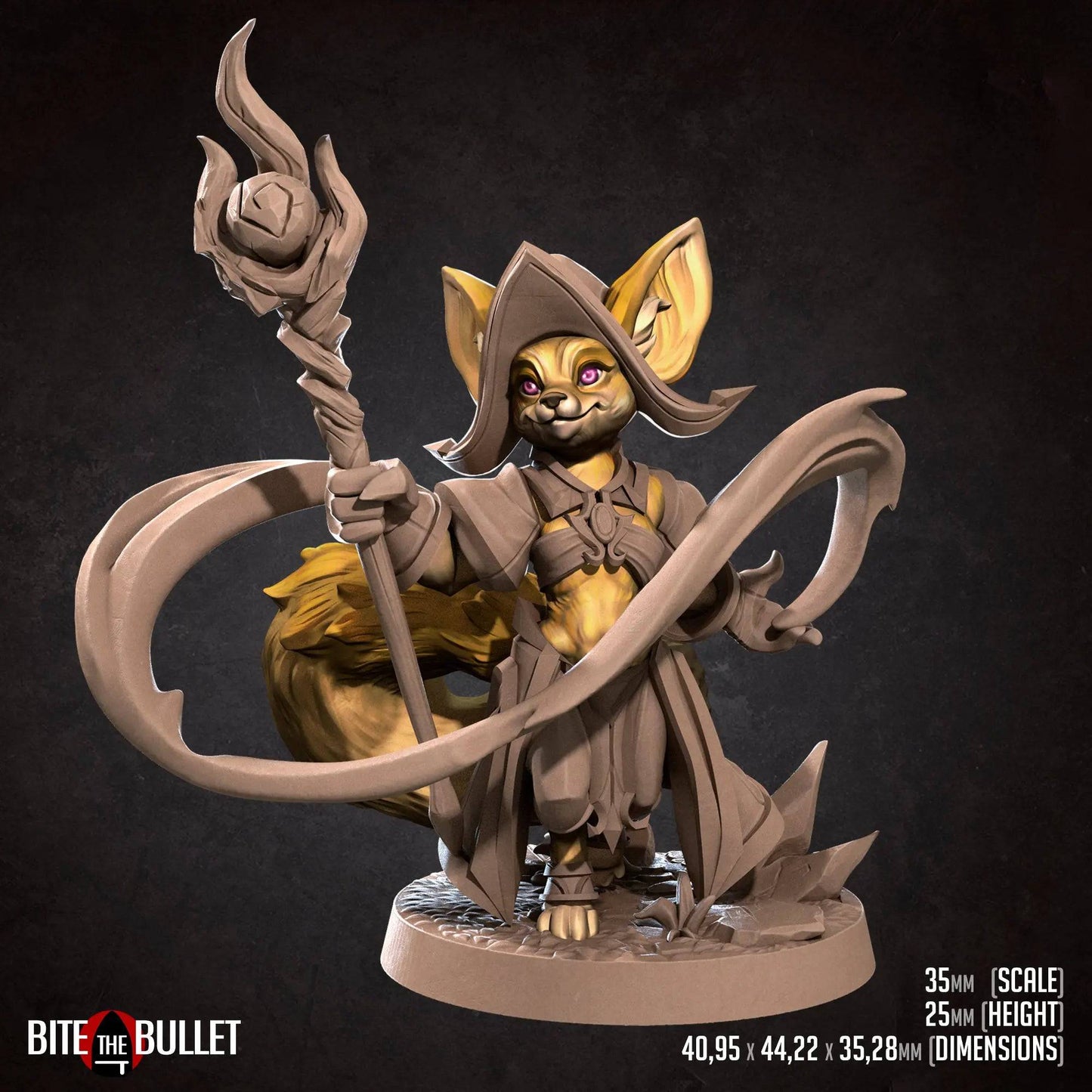Foxfolk Wizard, Spell and Staff | D&D Miniature TTRPG Character | Bite the Bullet - Tattles Told 3D