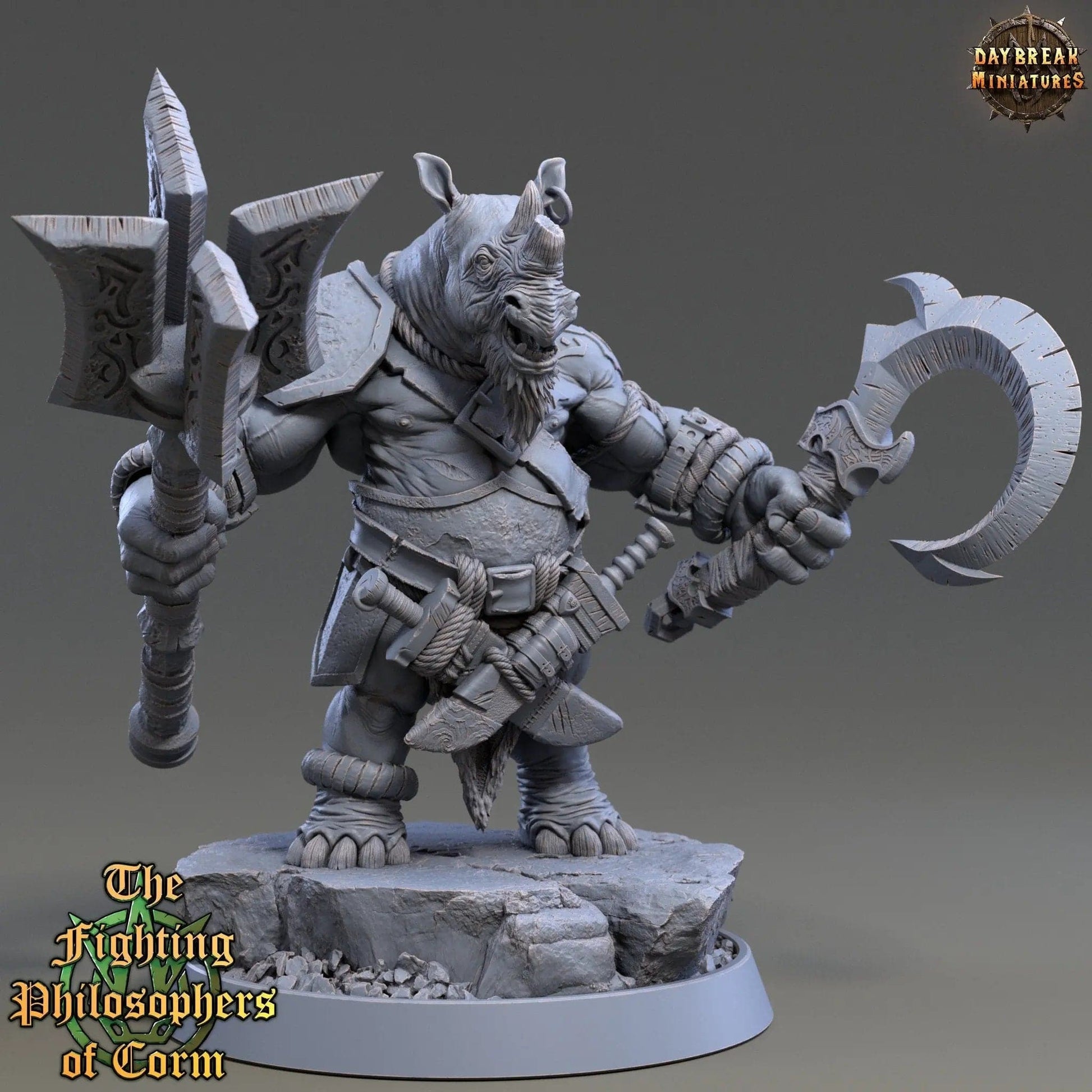 Himerius Halfhorn, Rhinofolk Warrior | TTRPG D&D Miniature | Daybreak Miniatures - Tattles Told 3D