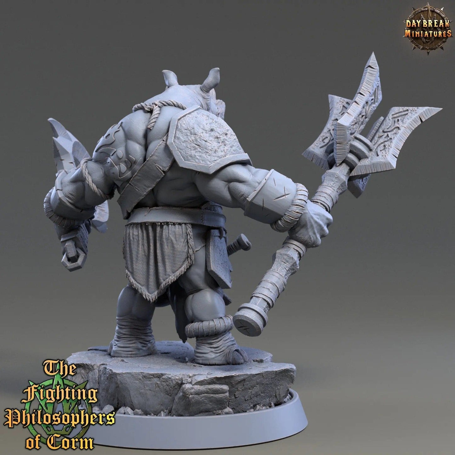 Himerius Halfhorn, Rhinofolk Warrior | TTRPG D&D Miniature | Daybreak Miniatures - Tattles Told 3D