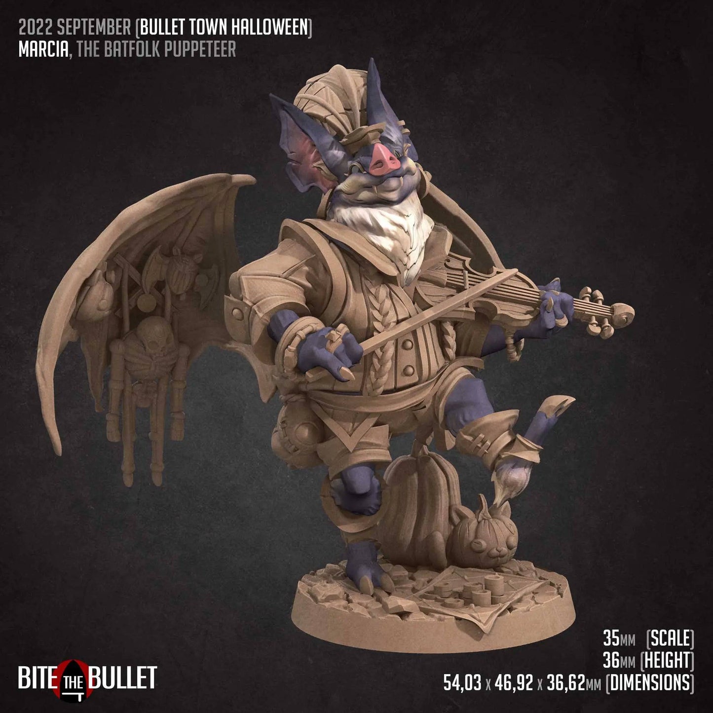 Marcia, Batfolk Puppeteer, Halloween | D&D Miniature TTRPG Character | Bite the Bullet - Tattles Told 3D