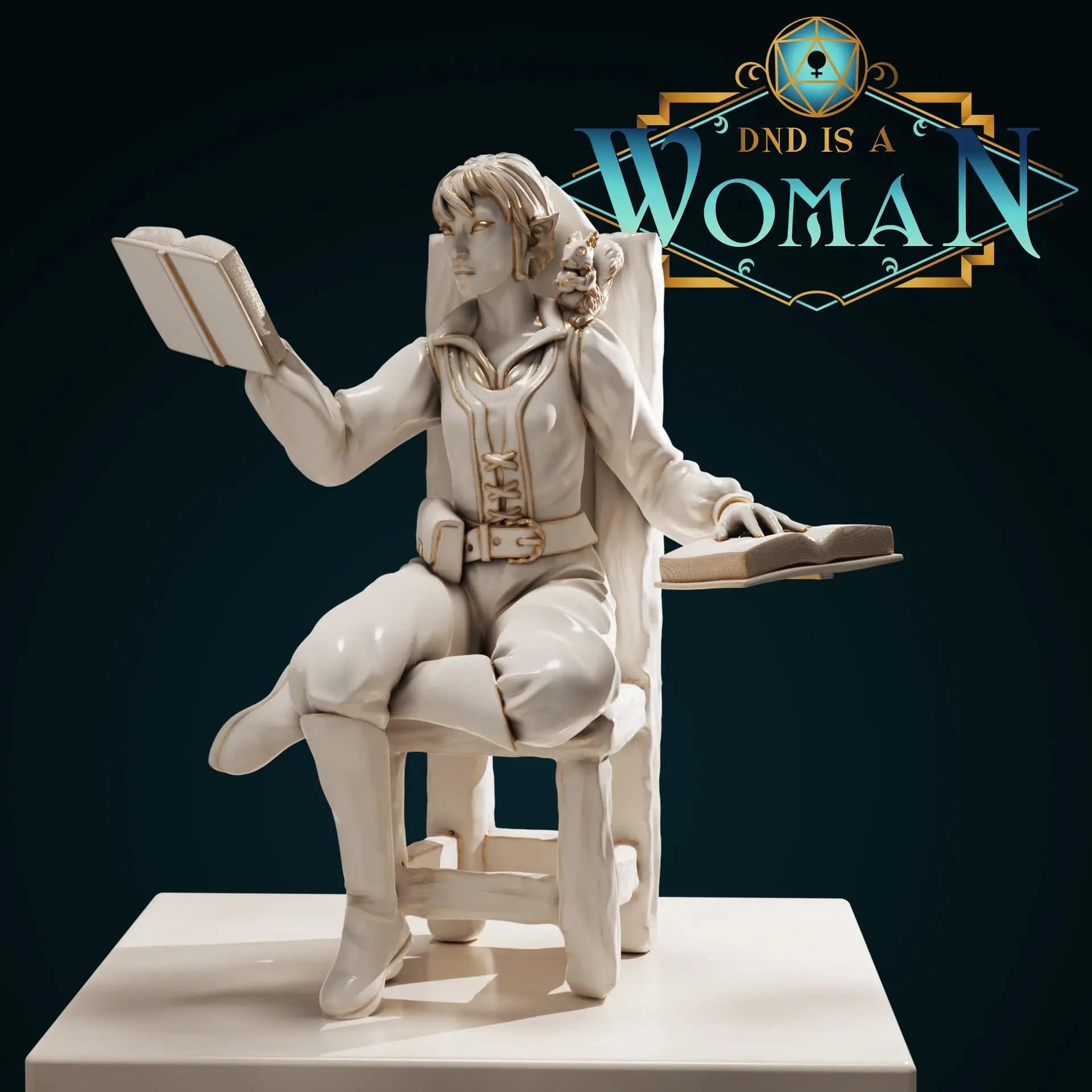 Mohrigya, Elf Wizard on Chair or Stump | D&D Miniature TTRPG Character | DND is a Woman - Tattles Told 3D