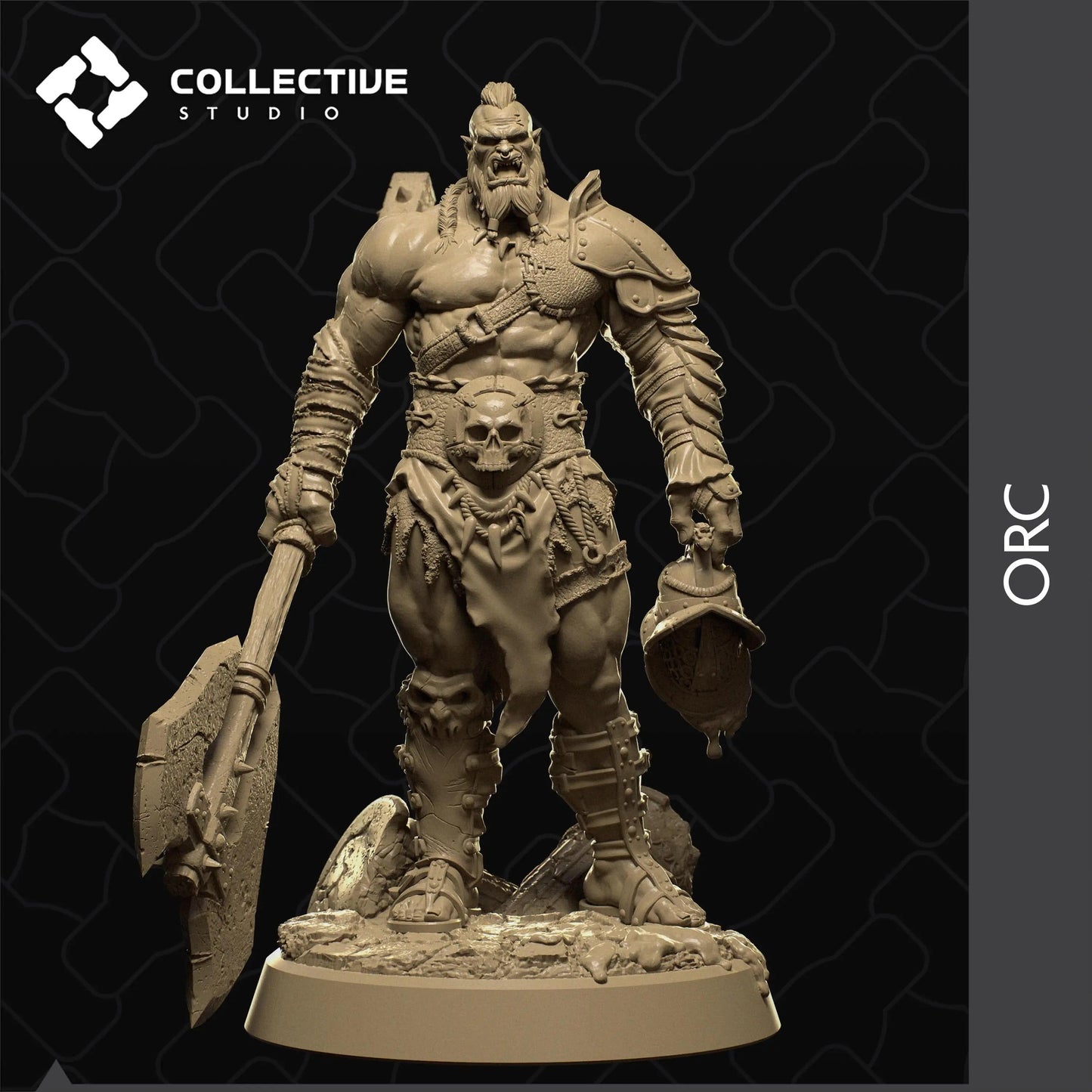 Orc with Battleaxe and Human Head | D&D TTRPG Monster Miniature | Collective Studio - Tattles Told 3D