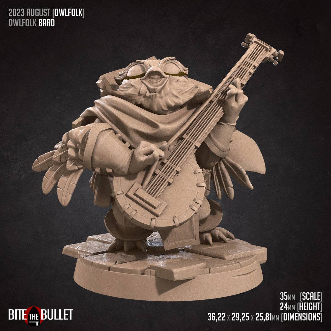 Owlfolk Bard | D&D Miniature TTRPG Character | Bite the Bullet - Tattles Told 3D