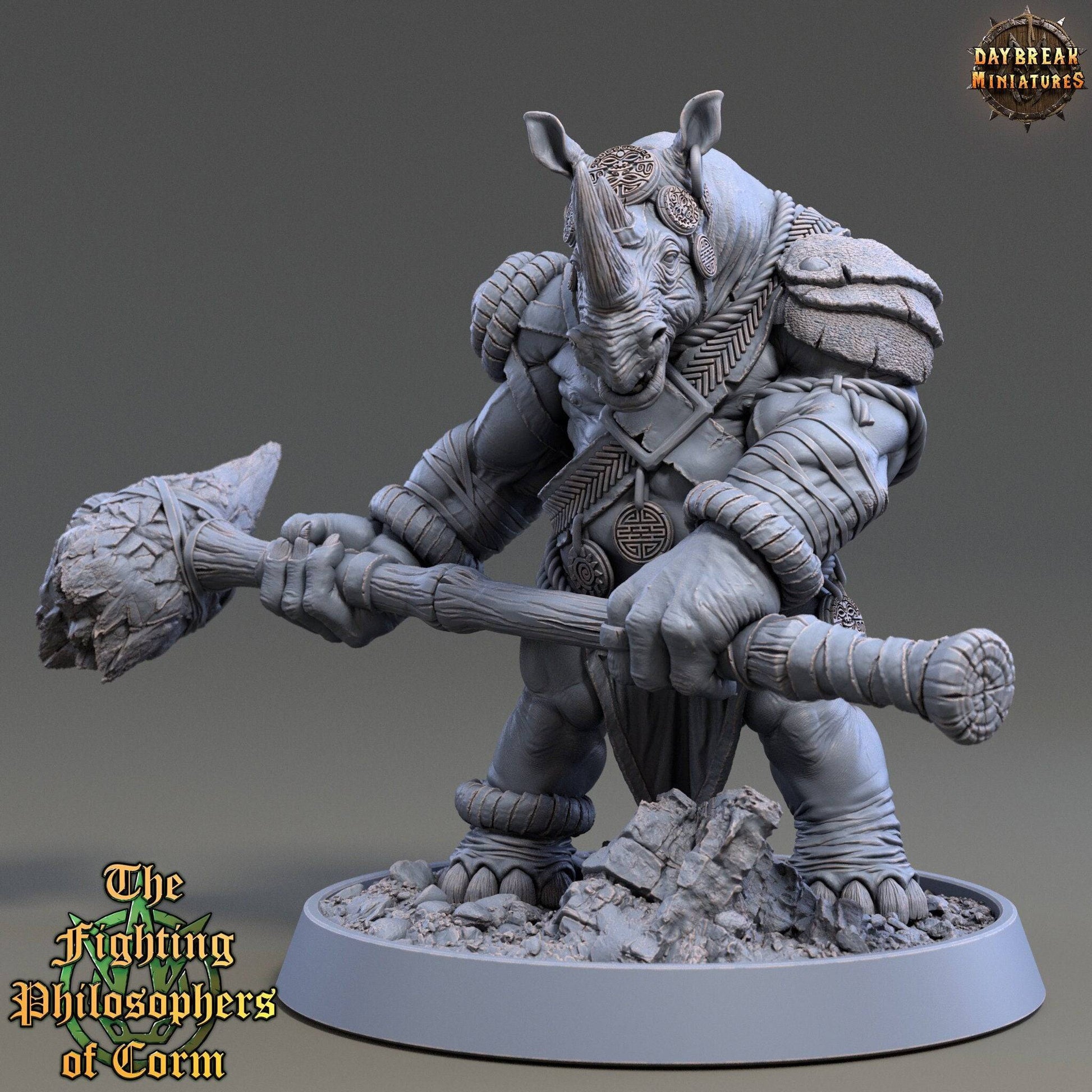 Plutarch Pointer, Rhinofolk Warrior | TTRPG D&D Miniature | Daybreak Miniatures - Tattles Told 3D