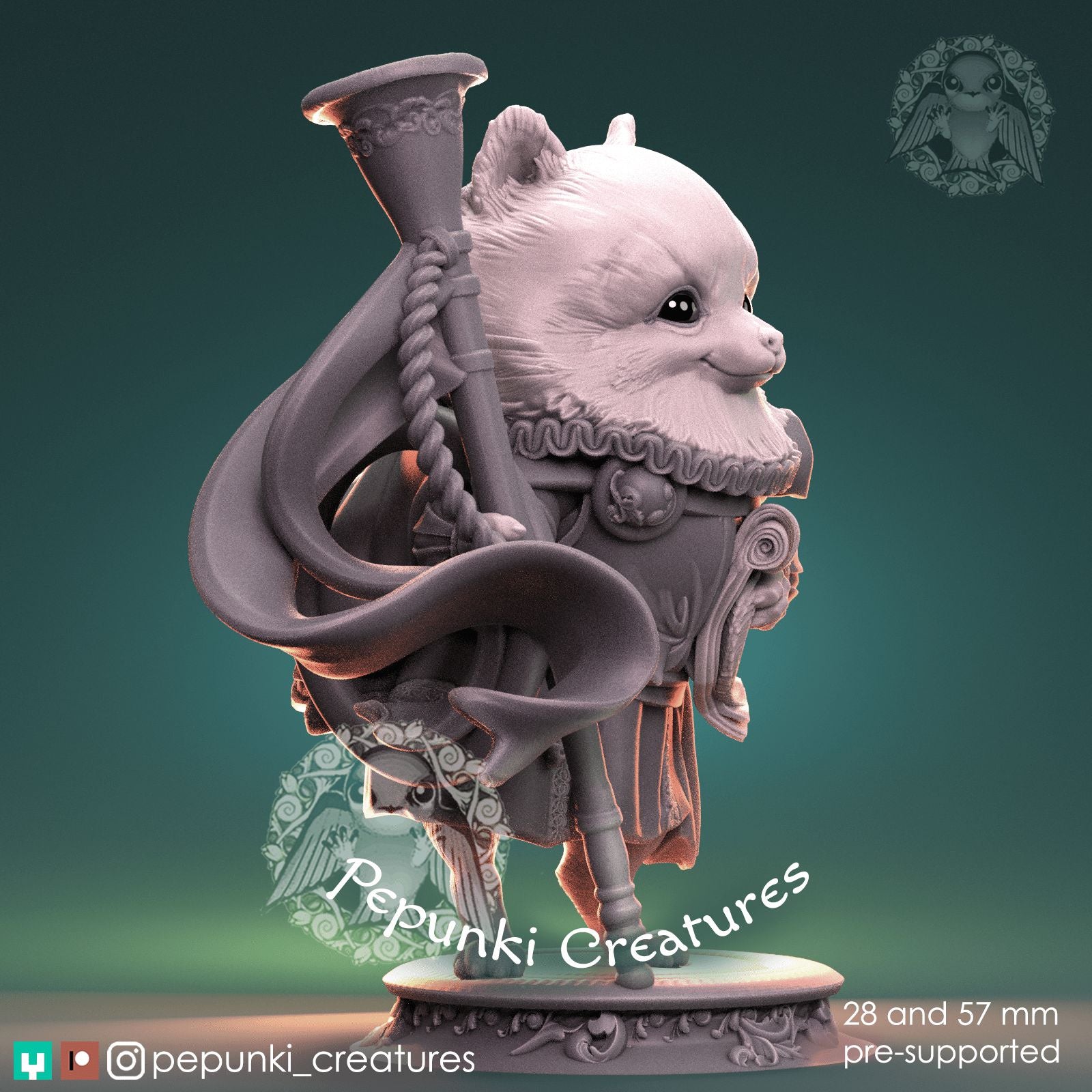 Pomeranian Dog Warrior Herald | Dungeons and Dragons Tabletop Roleplaying Game Miniature | Pepunki Miniatures - Tattles Told 3D