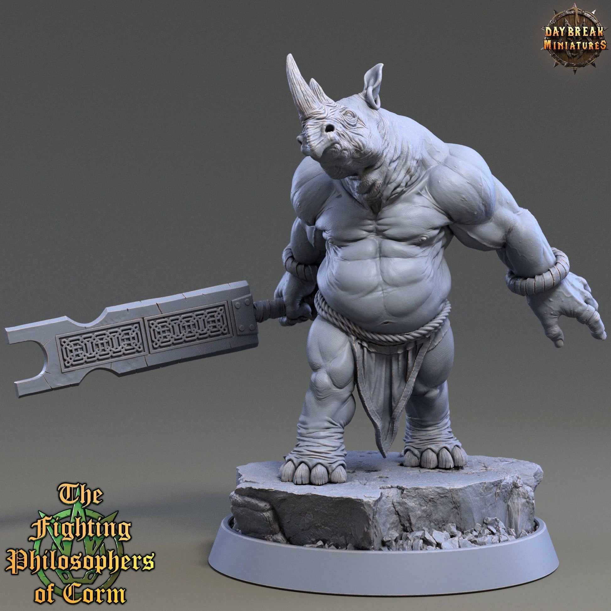 Proclus Stubb, Rhinofolk Warrior | TTRPG D&D Miniature | Daybreak Miniatures - Tattles Told 3D