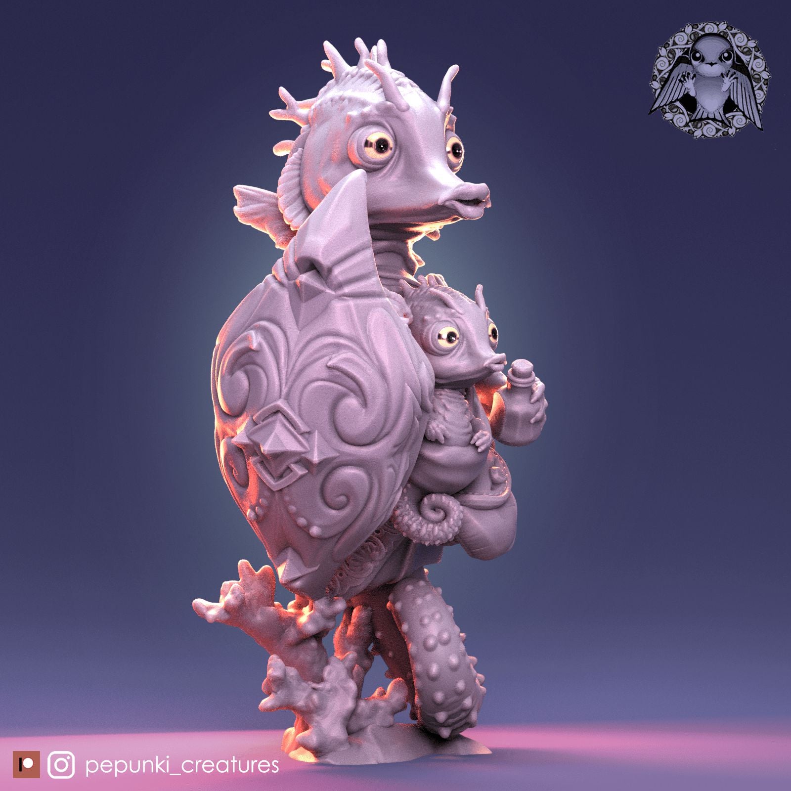 Seahorse Dad and Baby | Dungeons and Dragons Tabletop Roleplaying Game Miniature | Pepunki Miniatures - Tattles Told 3D
