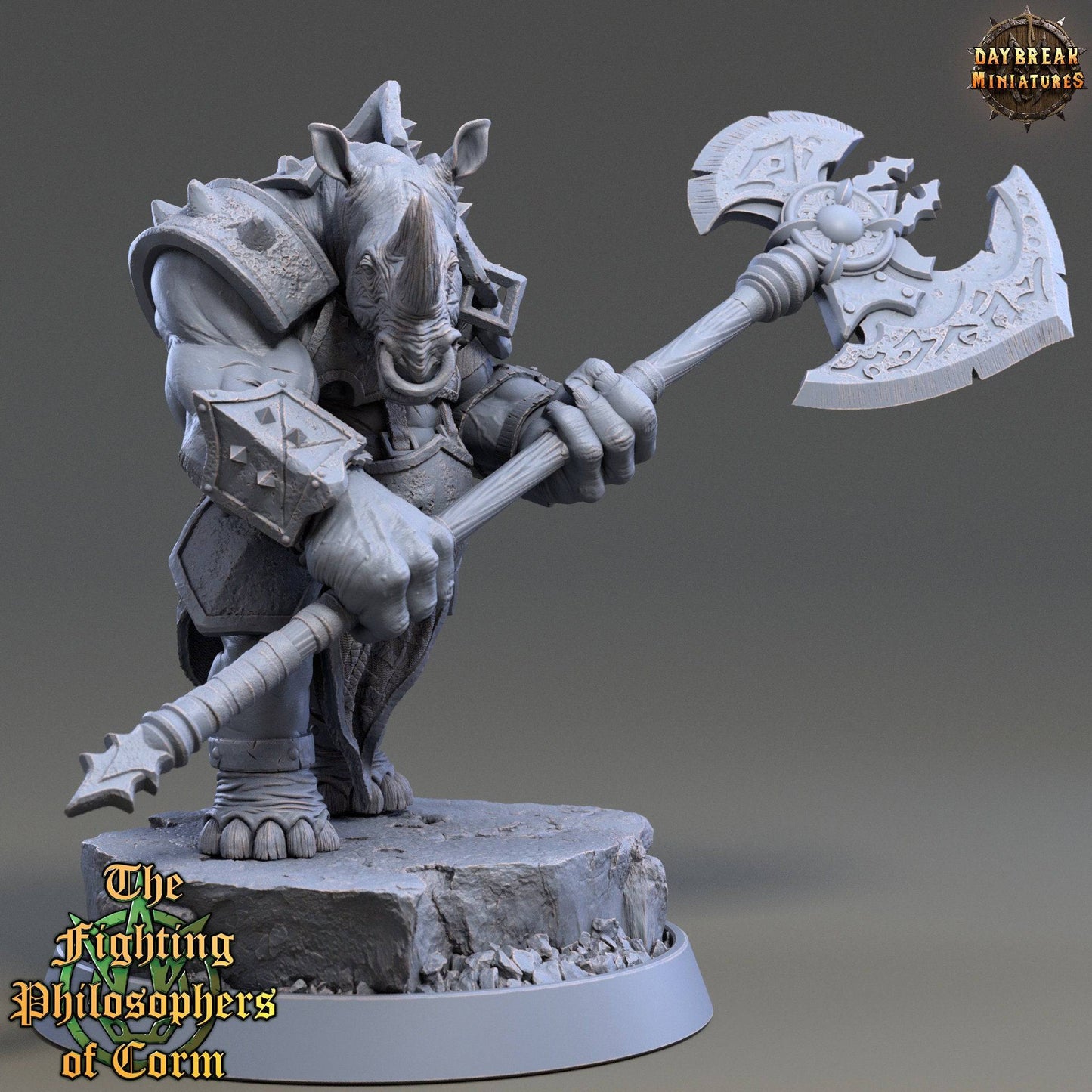 Theon Foulcurse, Rhinofolk Warrior | TTRPG D&D Miniature | Daybreak Miniatures - Tattles Told 3D