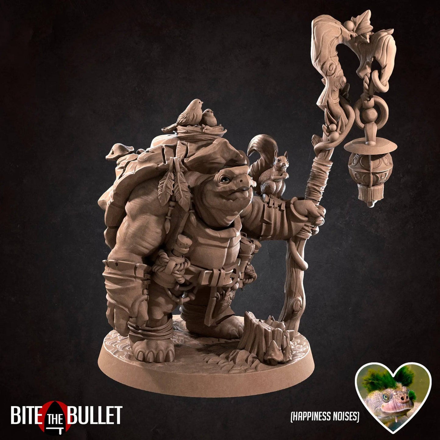 Tortle Druid with Animals, Mushrooms, Staff, and Lantern | D&D Miniature TTRPG Character | Bite the Bullet - Tattles Told 3D