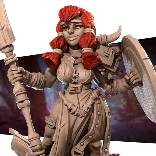 Volga, Dwarf Twin Pigtails and Shield | D&D Miniature TTRPG Character | Bite the Bullet - Tattles Told 3D