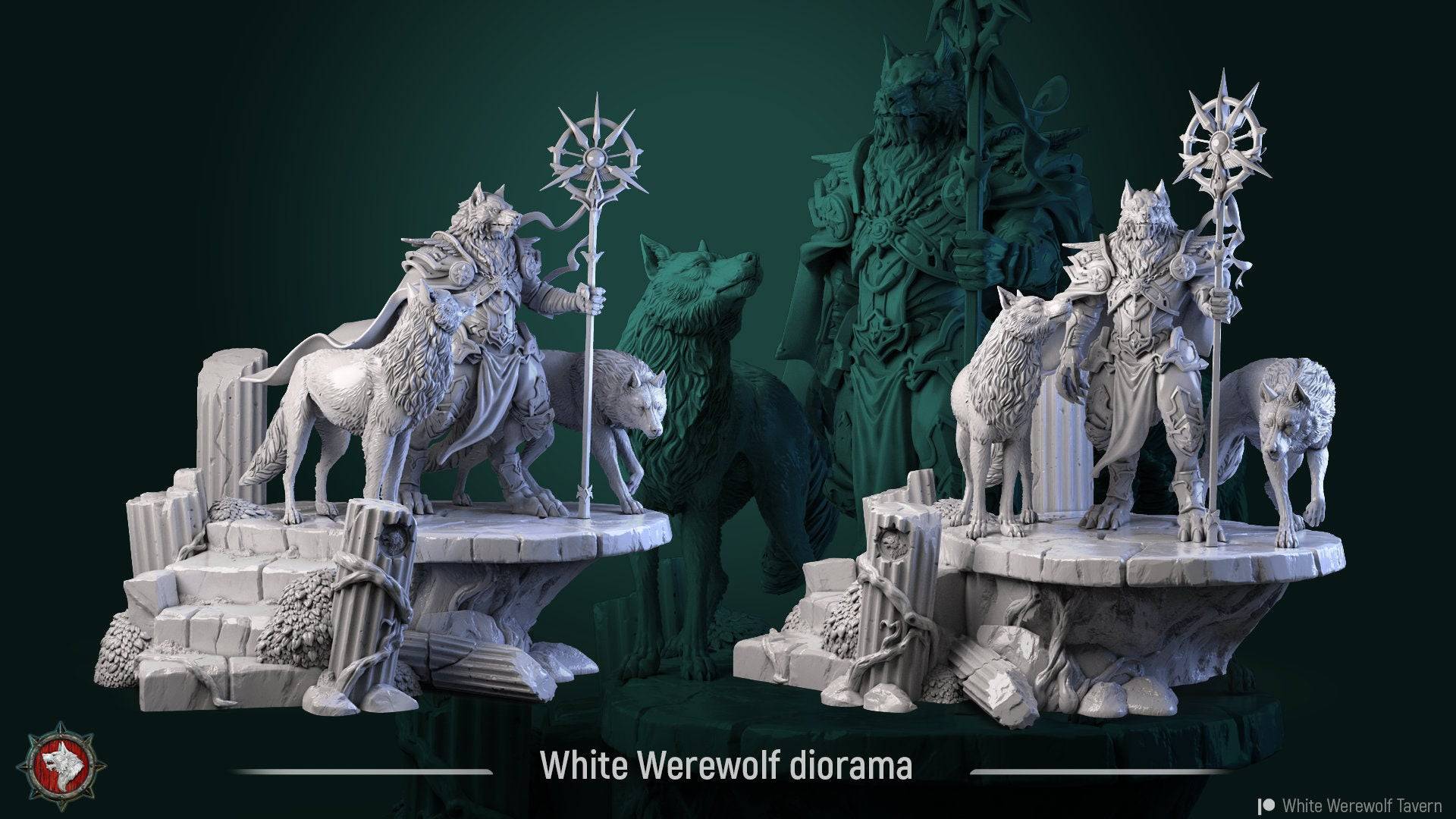 White Werewolf Diorama | TTRPG Miniature | White Werewolf Tavern - Tattles Told 3D