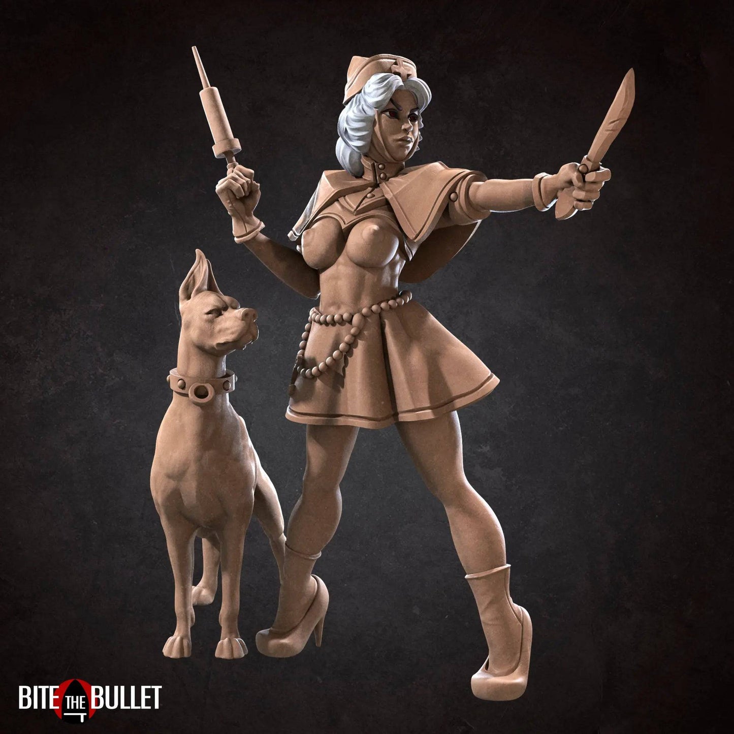 Emilia, Pinup SFW NSFW Lovely Woman, Wartime Nurse and Pup | D&D Miniature Pinup | Bite the Bullet - Tattles Told 3D