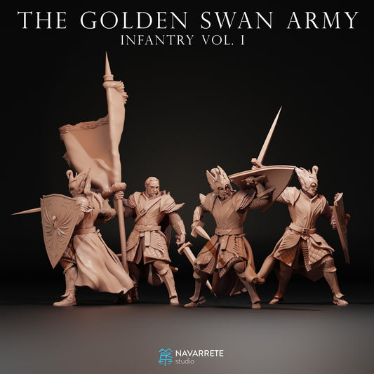 Golden Swan Army infantry miniature from Tattles Told 3D for tabletop gaming, featuring detailed golden armor and weaponry.