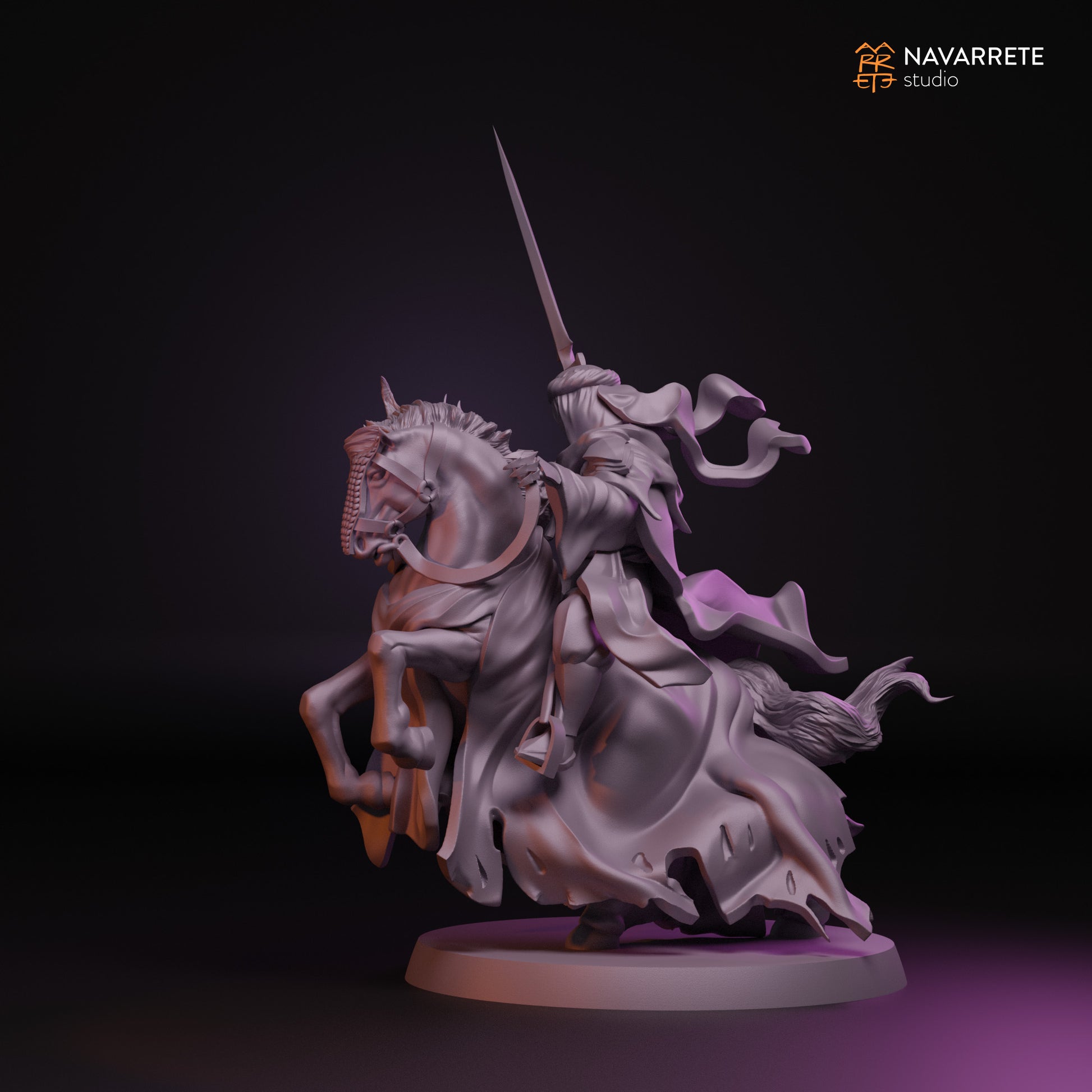 Miniature of a Treacherous Spectre riding a horse, created by Tattles Told 3D for tabletop gaming, with detailed ghostly armor.