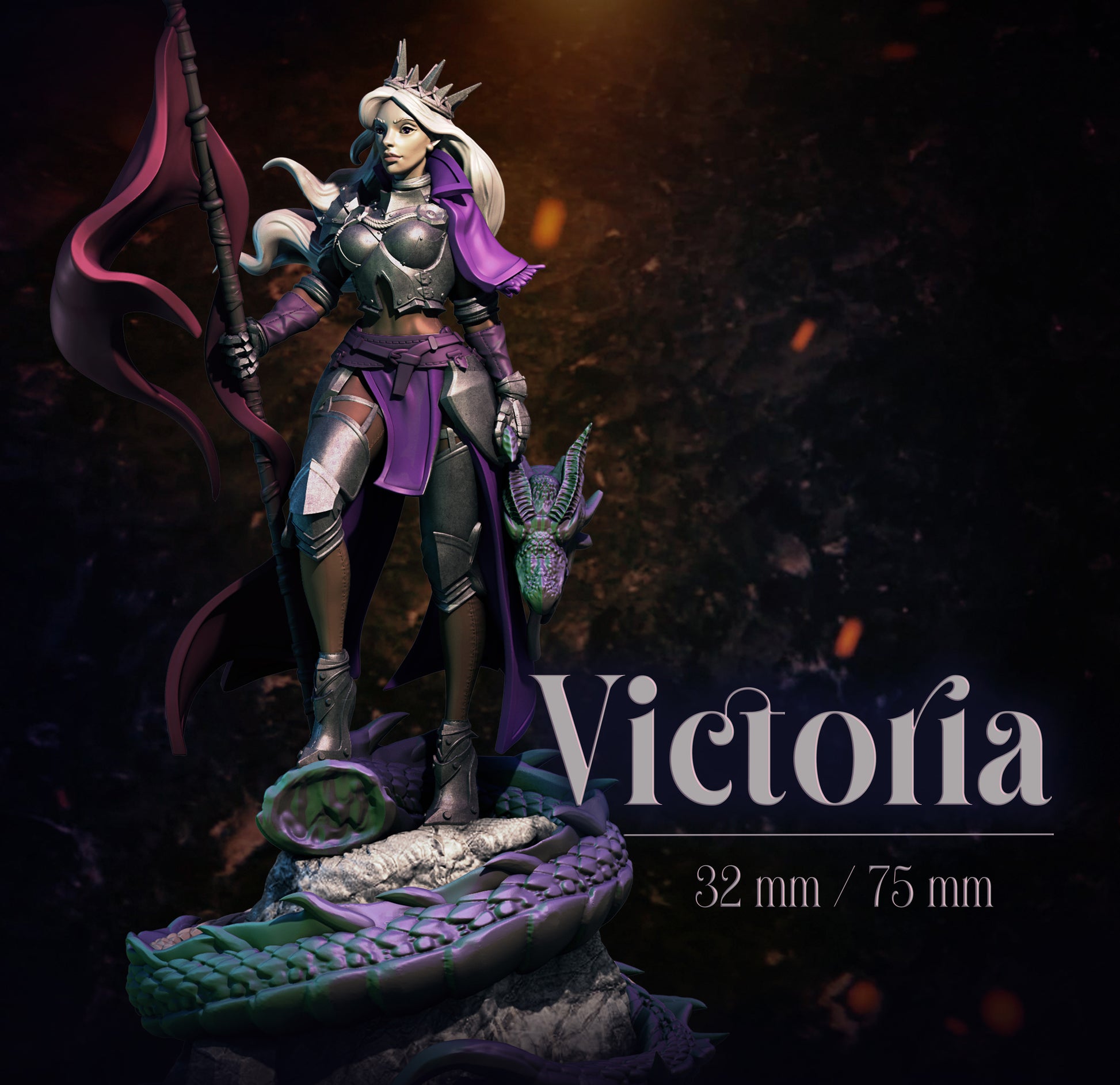 Figurine named 'Victoria' with armor and spear on a dark background